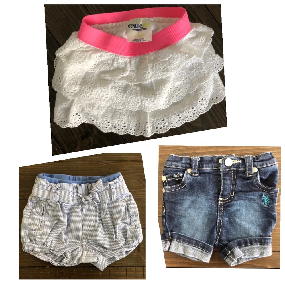 3pk skirt/shirts! 3-6m girl OshKosh white/pink eyelet skirt, 2 pair jean shorts